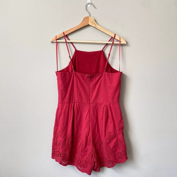 Blue Rain Women's Medium Sleeveless High Neck Boho Eyelet Scalloped Red Romper - Picture 2 of 11